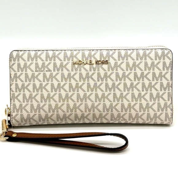 Michael Kors Large Travel Continental Wallet Wristlet Vanilla/Brown - Picture 1 of 9